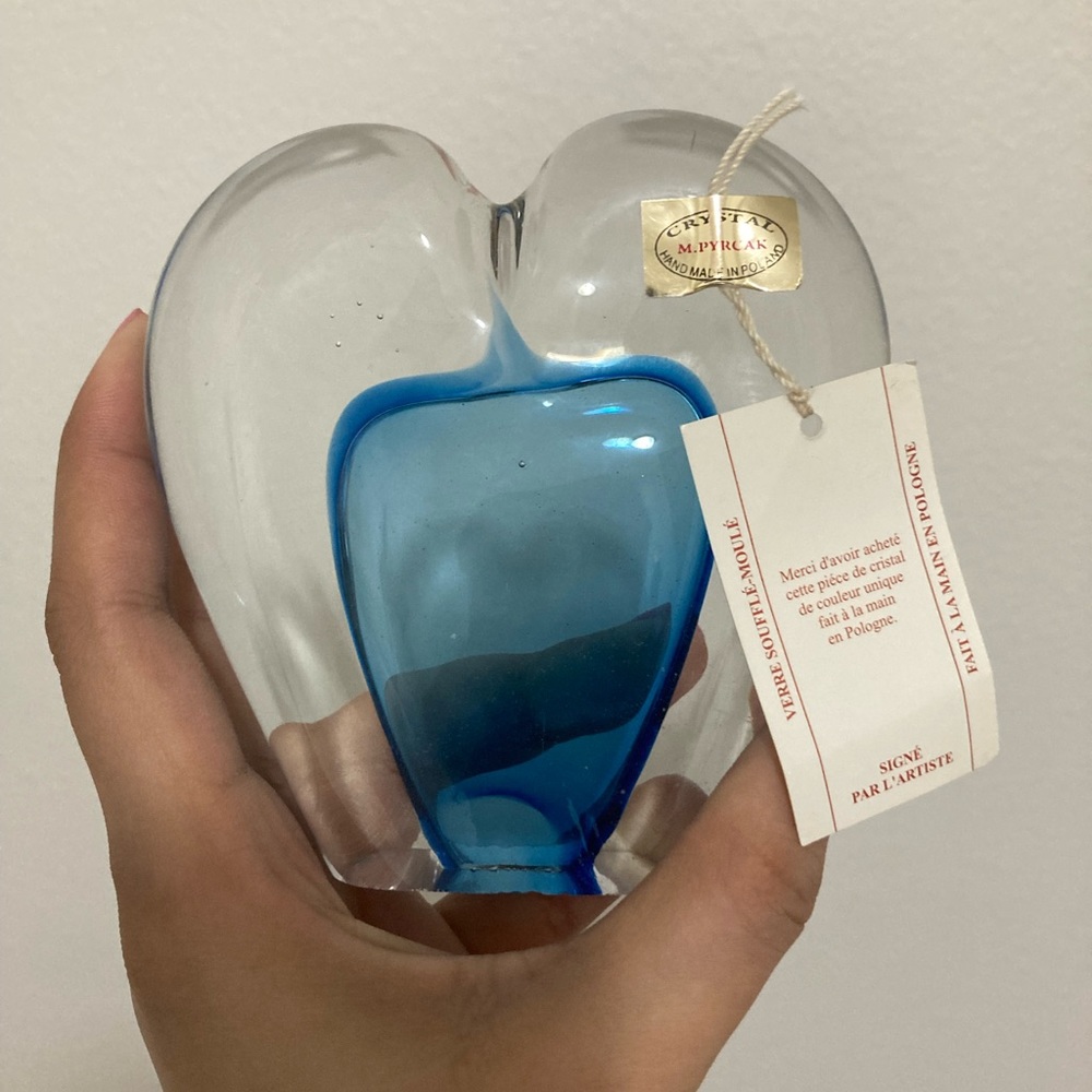 Rare verre soufflé-moulé blue standing heart crystal heart Souffle Moule Decor